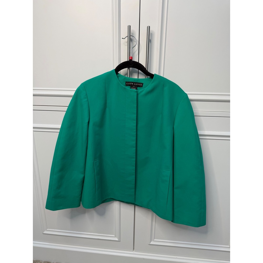 Ralph Lauren Jacket Women 10 Green Excellent Minimalist Collarless Cotton